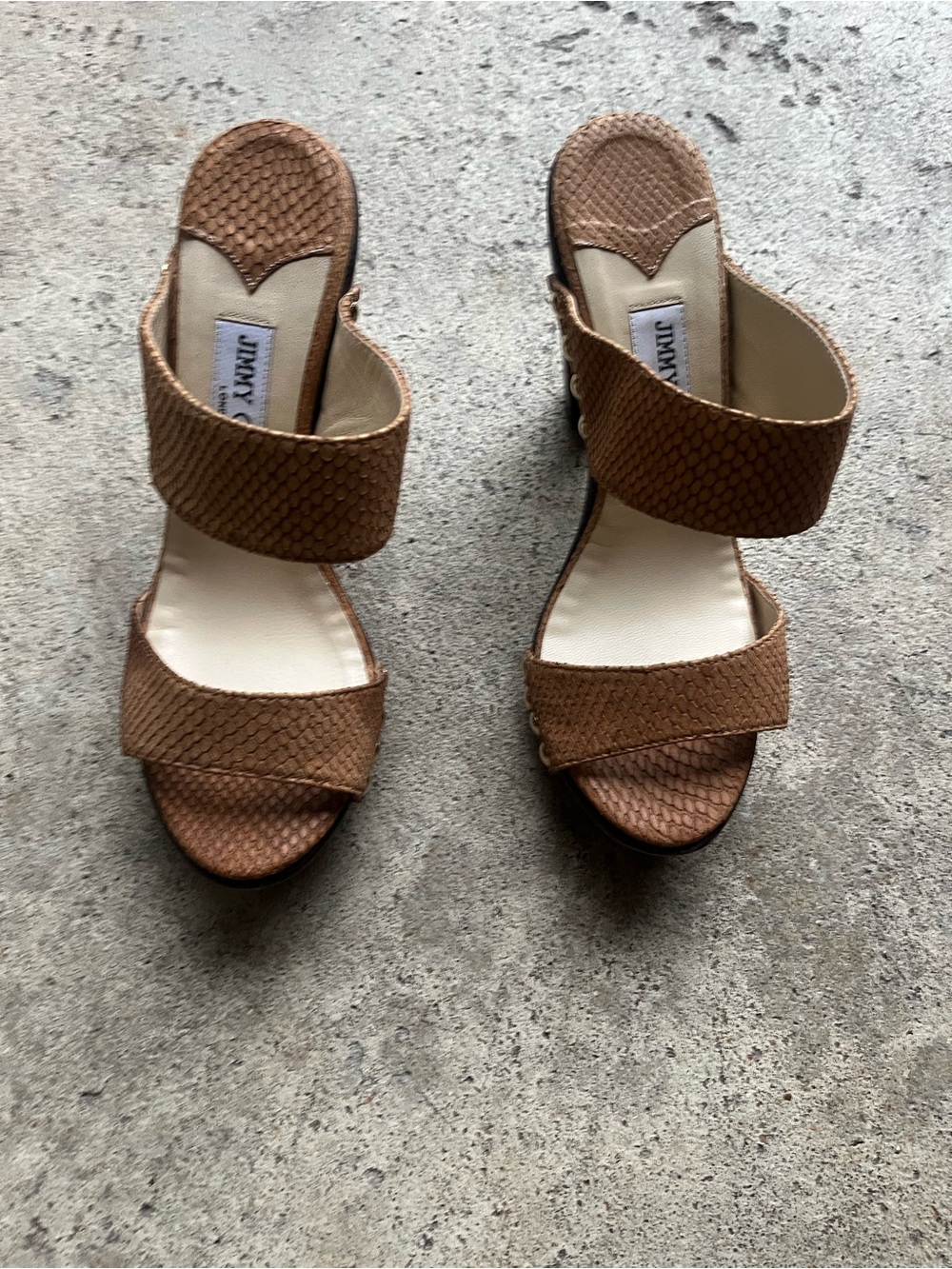Jimmy Choo Brown Textured Double-Band Slide Heels